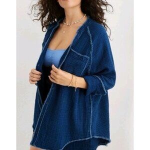 Aerie Indigo Pool To Party Casual Oversized Gauze Fringe Shirt Size Large Pocket
